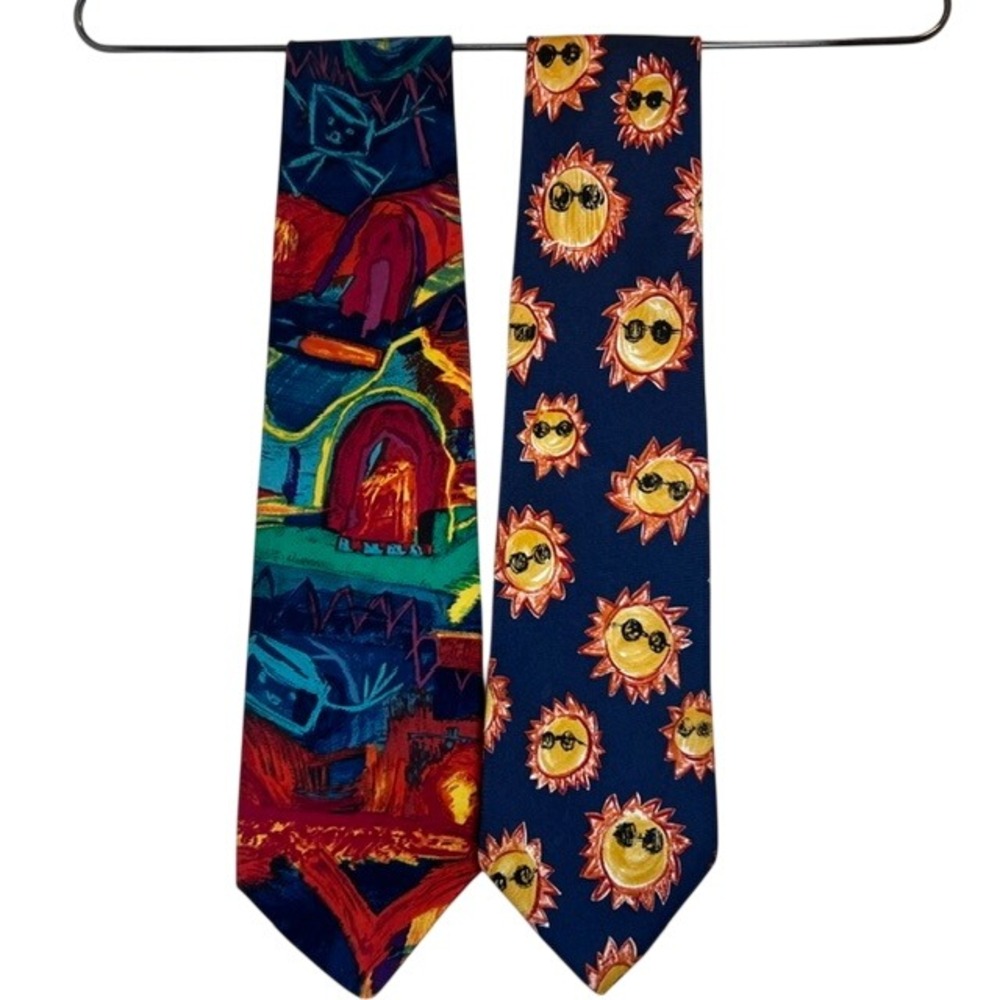 Vintage Silk Whimsical Doodle-Chic Abstract Save the Children Lot of 2 Men Ties